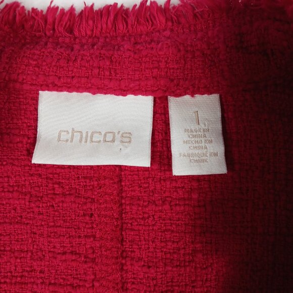Chico's Red Jacket, Size 1, Double Breasted, 100% Cotton with Cotton Fringe - Picture 2 of 16